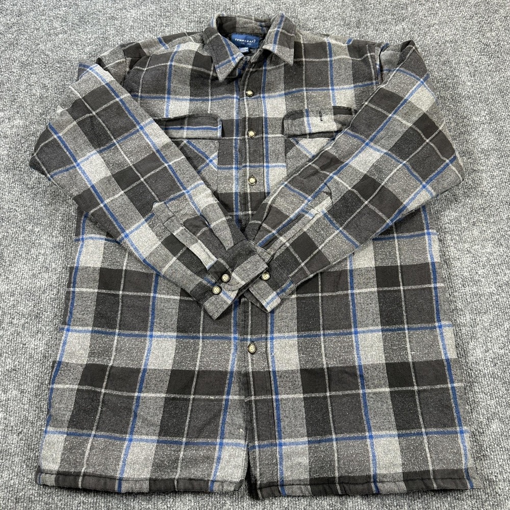 Towncraft Jacket Mens Medium Gray Plaid Flannel Quilted Lined Button Up Workwear